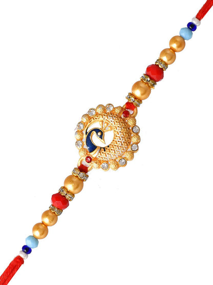 Dhiyona Gold Toned Beaded Peacock Patterned Rakhi With Roli Chawal & Greeting Card