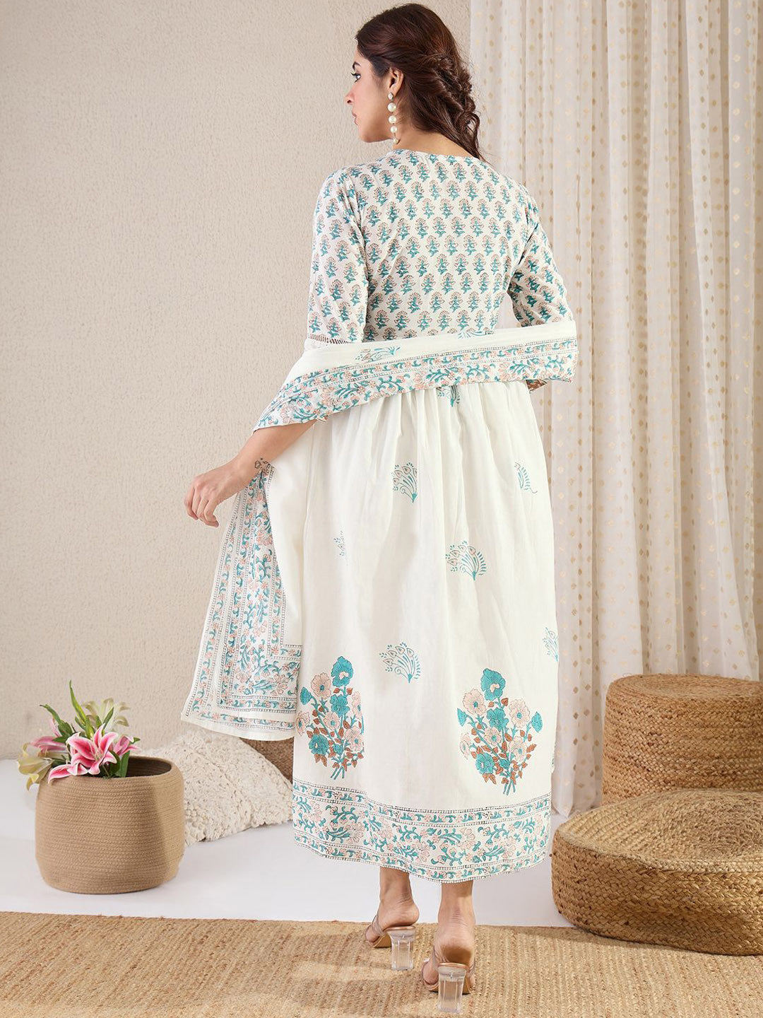 Floral Printed V Neck Empire A Line Pure Cotton Kurta With Trousers & Dupatta
