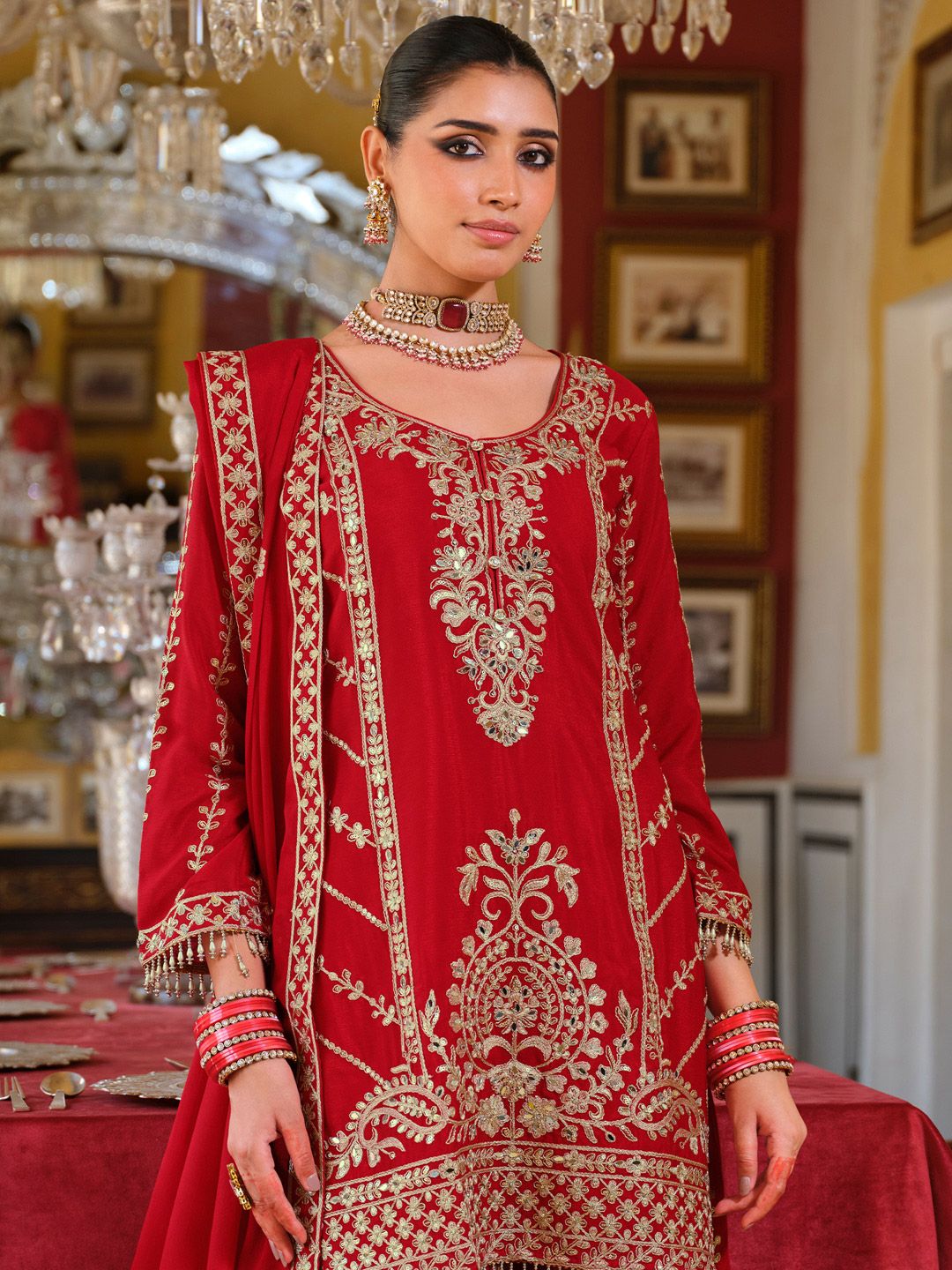 Dhiyona IE Adults-Women Woven Design Embroidered Kurta with Palazzos & Dupatta