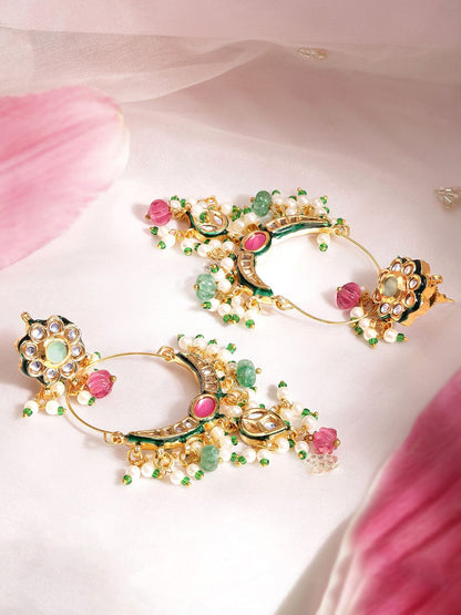Dhiyona RJ Women's 22K Gold-Plated Multi-Color Stone & Kundan Studded Chandbali Earrings with Beads