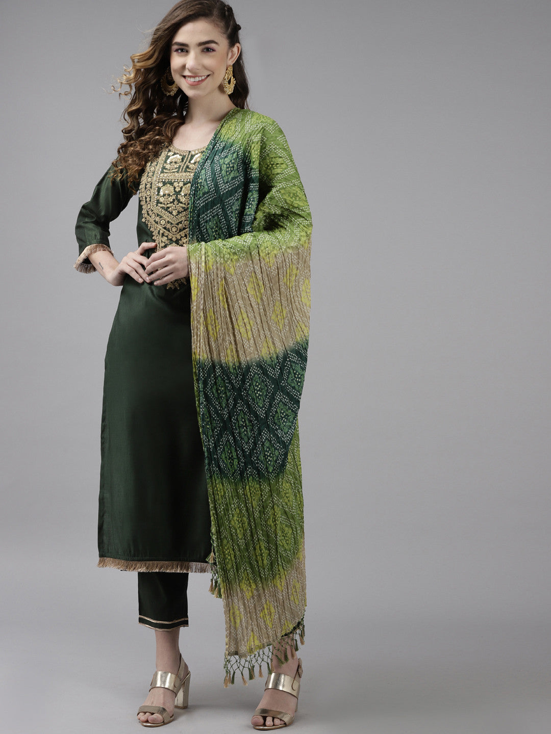 Women Green & Golden Ethnic Yoke Design Liva Kurta with Trousers & With Dupatta