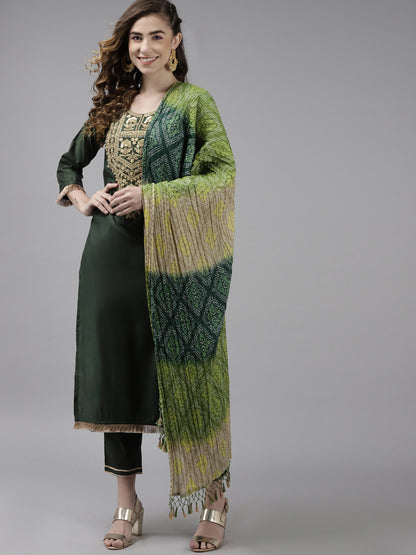 Women Green & Golden Ethnic Yoke Design Liva Kurta with Trousers & With Dupatta