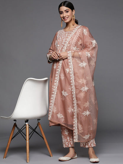 Dhiyona VA Women's Beige Thread Embroidered Pure Cotton Kurta with Trouser and Dupatta