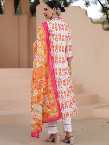Dhiyona RR Women's Ethnic Motifs Printed Mirror Work Pure Cotton Kurta Trousers & Dupatta