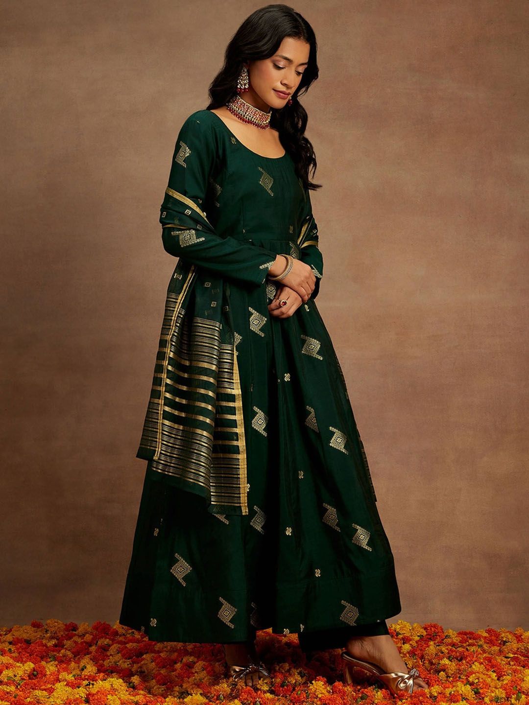 Dhiyona LL Womens Green Woven Design Anarkali Kurta With Palazzos & Dupatta