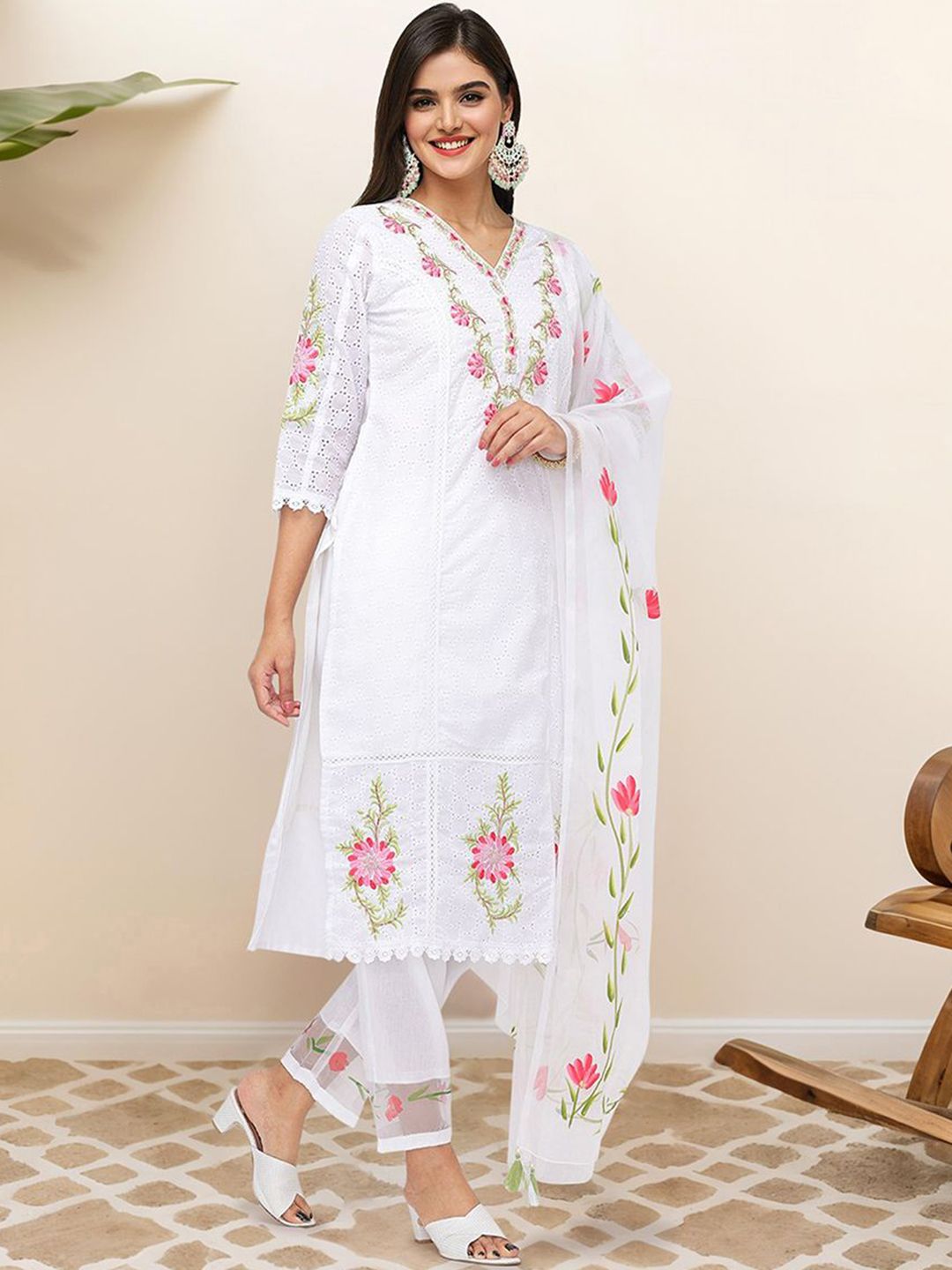 Dhiyona IS Women's Floral Embroidered Thread Work Pure Cotton Kurta with Trousers & Dupatta