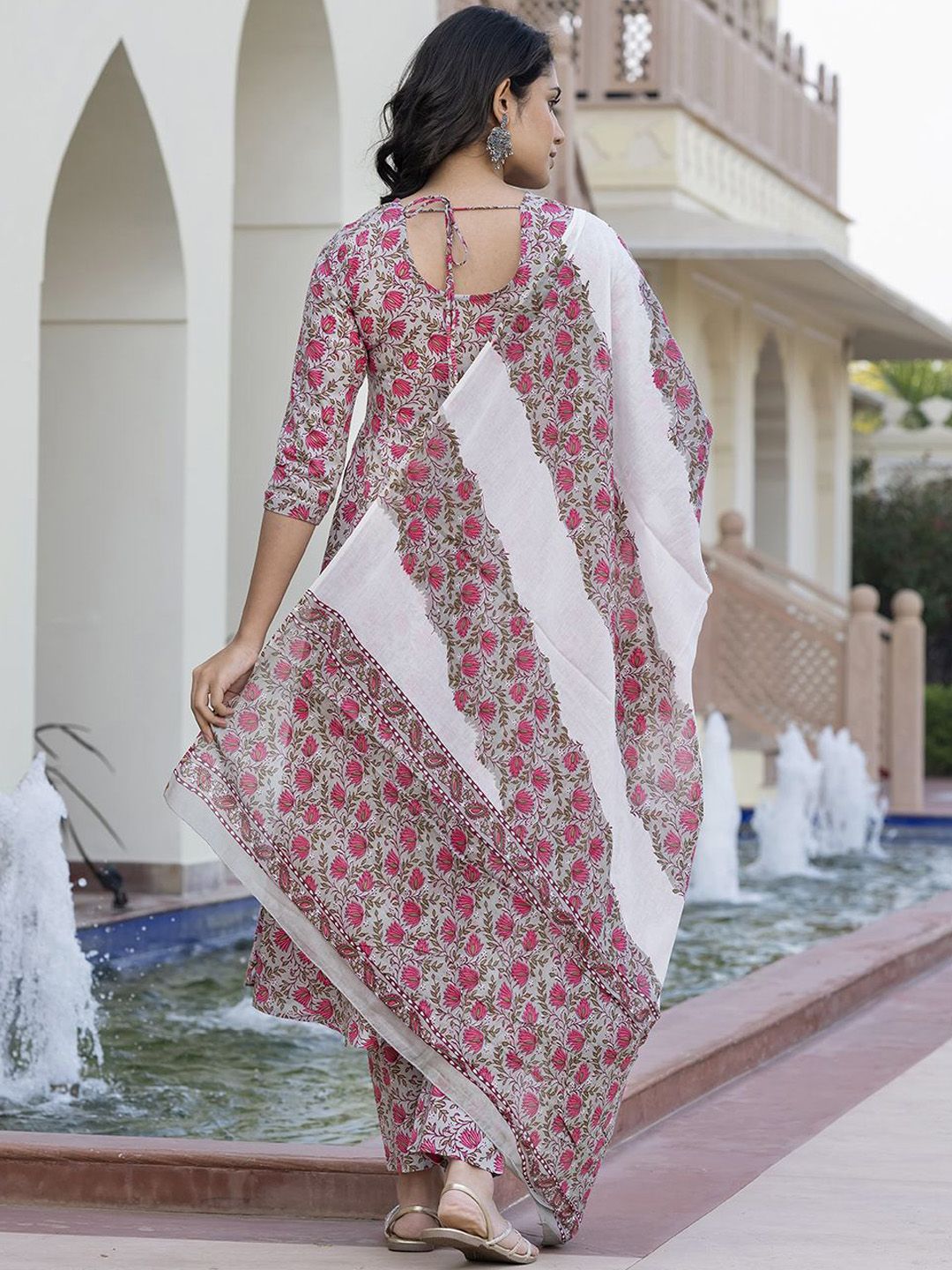 Dhiyona KL Floral Printed Mirror Work Anarkali Pure Cotton Kurta With Trousers & Dupatta