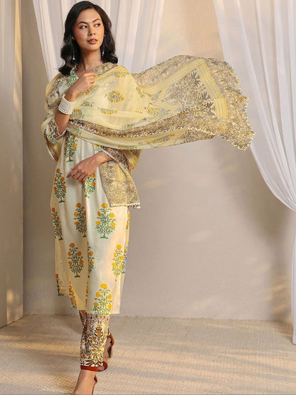 Off White Floral Printed Chanderi Silk Straight Suit Set with Dupatta