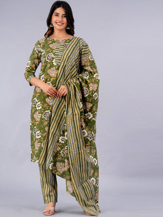 Dhiyona KL Ethnic Motifs Printed Pure Cotton Kurta With Trousers & With Dupatta
