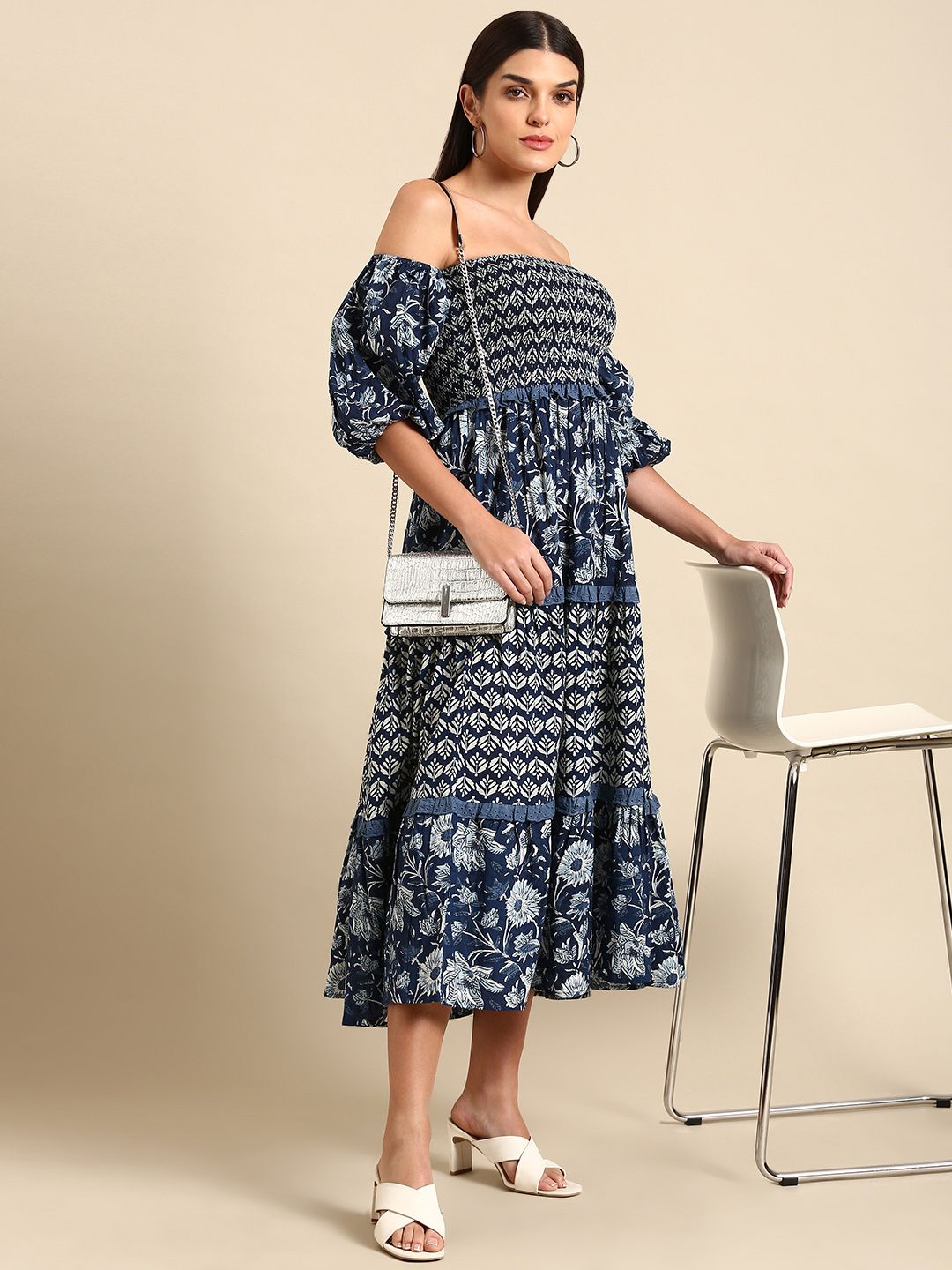 Dhiyona AY Women's Blue Floral Ethnic A-Line Cotton Midi Ethnic Dress