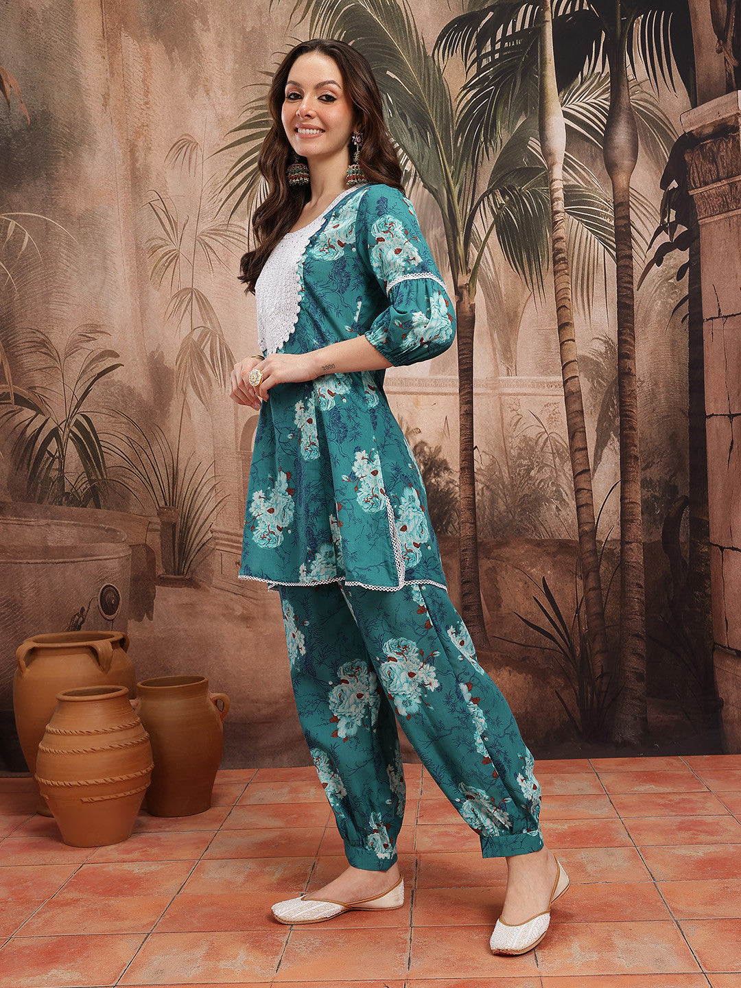 Floral Printed Yoke Design Kurti With Patiala & Dupatta