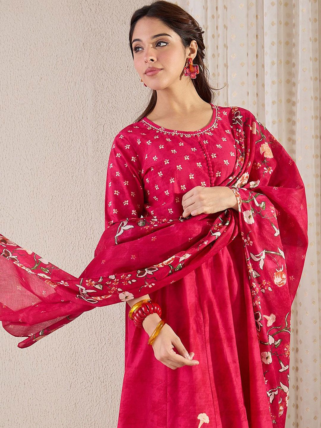 Dhiyona IE Floral Printed Pure Cotton A-Line Kurta With Trousers & Dupatta