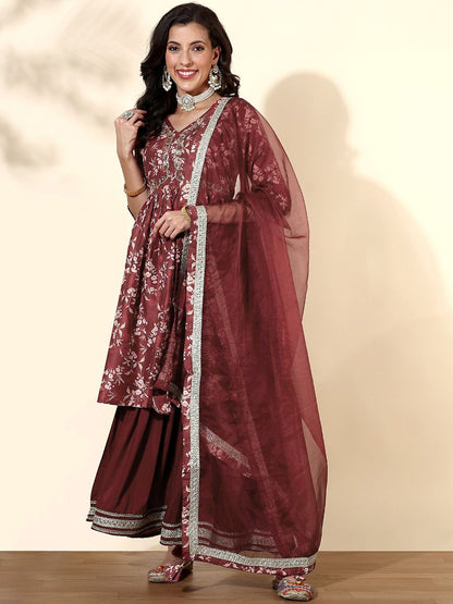 Dhiyona AN Ethnic Motifs Printed Empire Anarkali Kurta with Sharara & With Dupatta