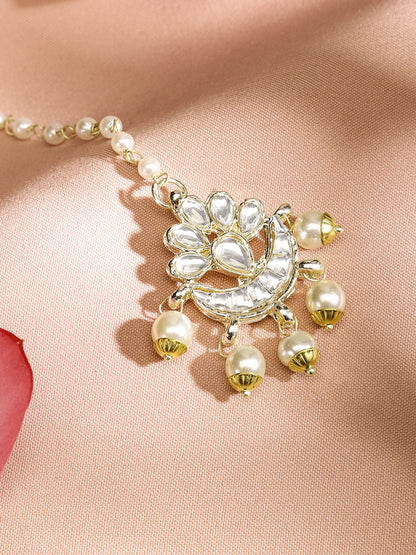 Dhiyona RJ Women's Off-White 24K Gold-Plated Kundan Studded & Beaded Handcrafted Maang Tikka