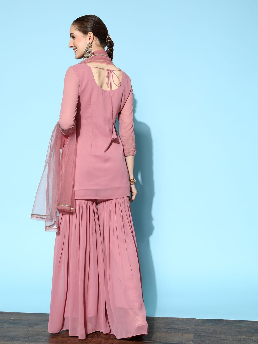 Dhiyona IN Women Pink Embroidered Kurti with Sharara & With Dupatta
