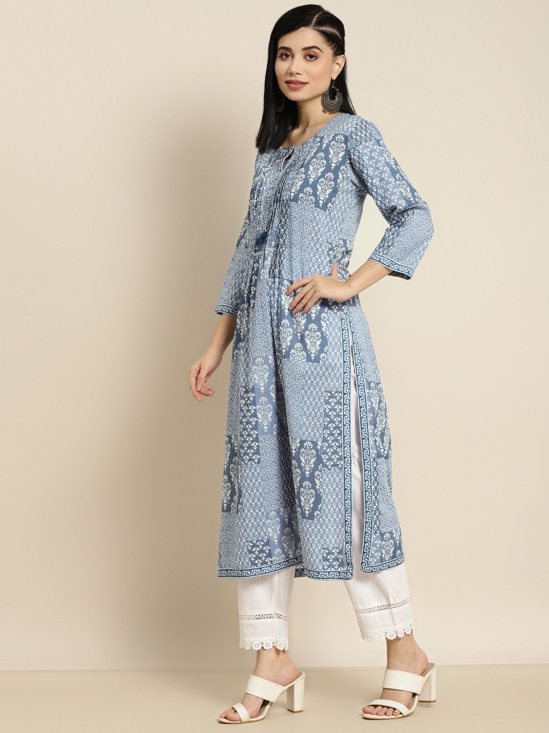 Dhiyona RR Women's Blue Printed Sequinned Pure Cotton Kurta with Trousers & With Dupatta