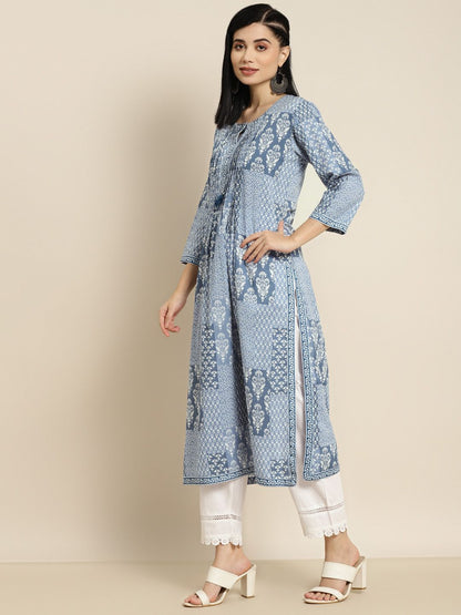 Dhiyona RR Women's Blue Printed Sequinned Pure Cotton Kurta with Trousers & With Dupatta
