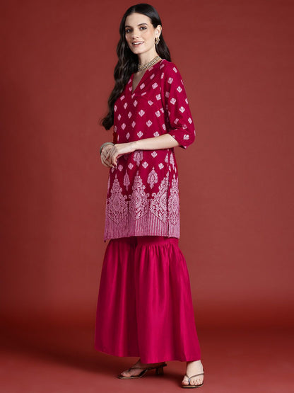 Dhiyona AN Tyohaar Collection Velvet Finish Printed Kurta with Sharara & Dupatta