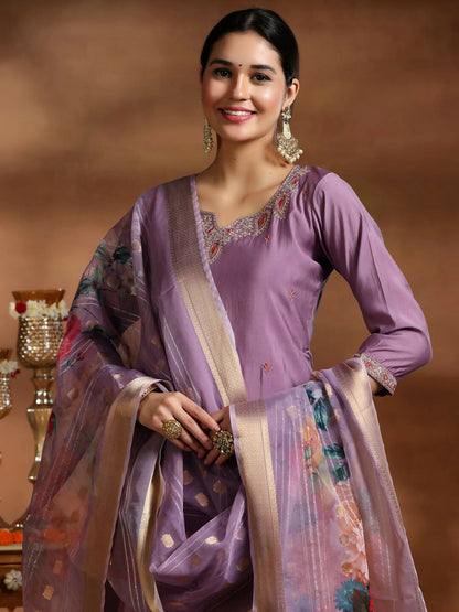 Women's LB Mauve Embroidered Silk Blend Straight Suit With Dupatta