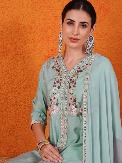Dhiyona SN Embroidered V-Neck Kurta, Palazzo & Dupatta Set