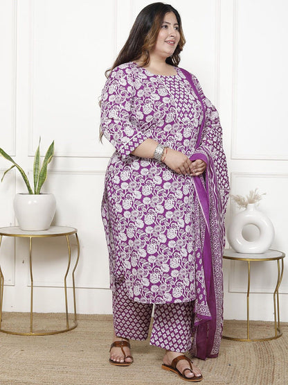 Dhiyona KL Floral Printed Pure Cotton Straight Kurta With Trouser And Dupatta