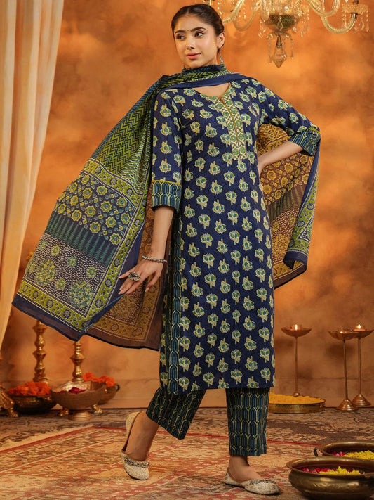 Dhiyona RR Women's Floral Printed Regular Pure Cotton Kurta with Trousers & With Dupatta
