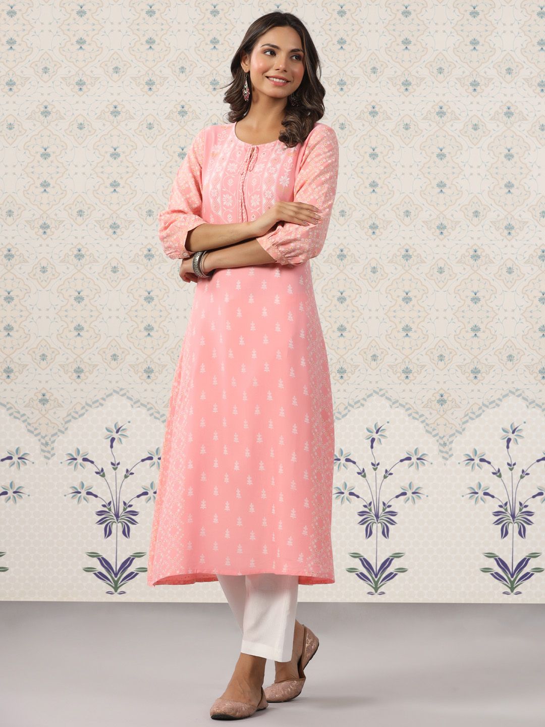 Dhiyona OD  Ethnic Motif Printed Tie Up Neck A-Line Kurta With Trousers