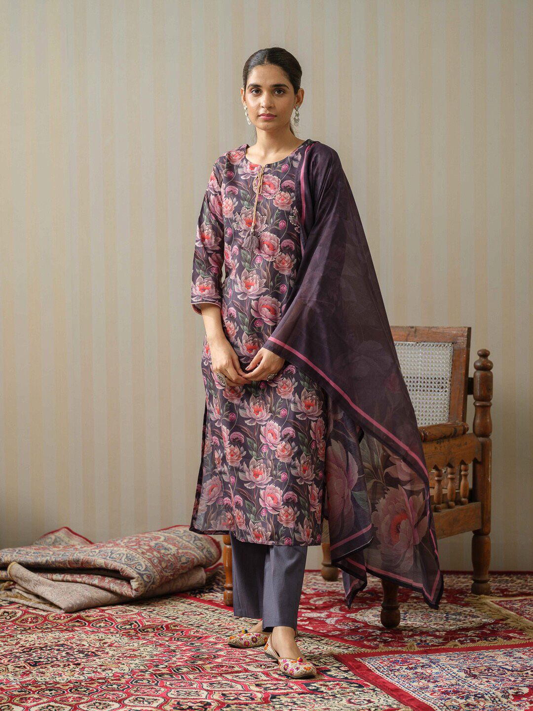 Dhiyona IS Women's Floral Printed Tie-Up Neck Linen Kurta with Trousers & With Dupatta