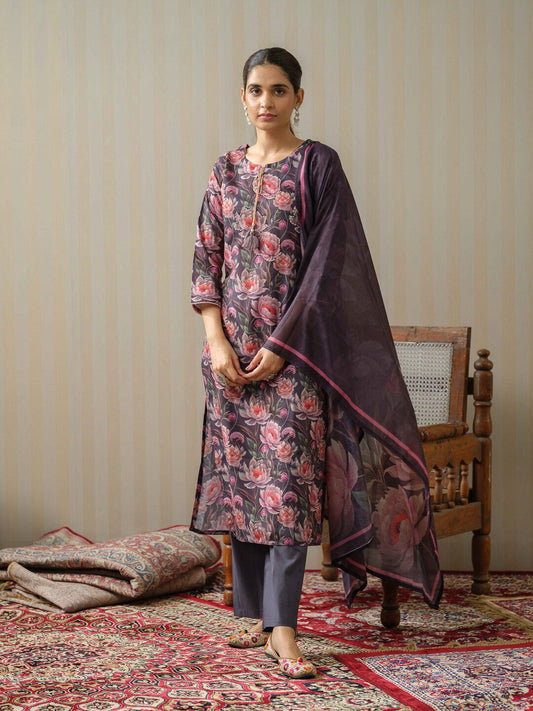 Dhiyona IS Women's Floral Printed Tie-Up Neck Linen Kurta with Trousers & With Dupatta