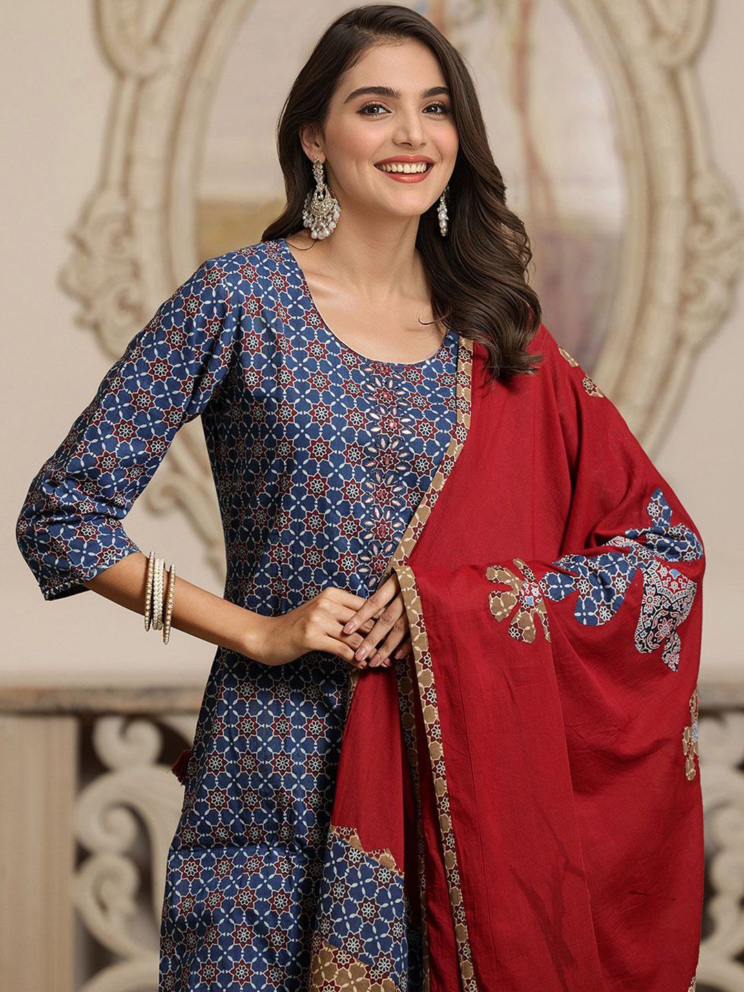 Dhiyona IS Women's Printed Applique Embroidered Pure Cotton Straight Kurta with Trouser & Dupatta