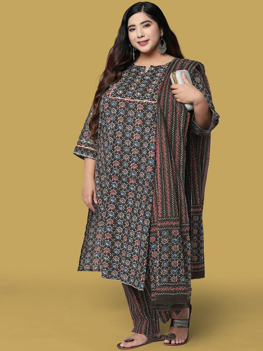Dhiyona KL Women Black Ethnic Motifs Pure Cotton Kurta with Trousers & Dupatta