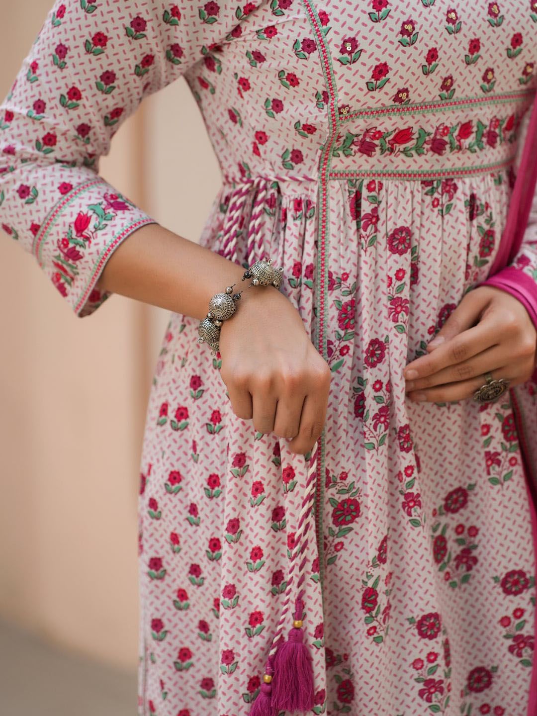 Dhiyona RR Women's Floral Printed Sequinned Pure Cotton A-Line Kurta With Trousers & Dupatta