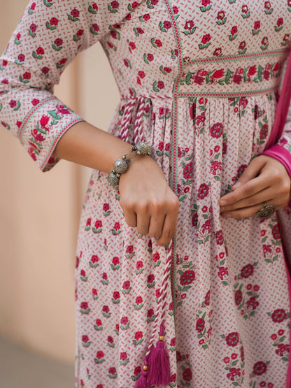 Dhiyona RR Women's Floral Printed Sequinned Pure Cotton A-Line Kurta With Trousers & Dupatta