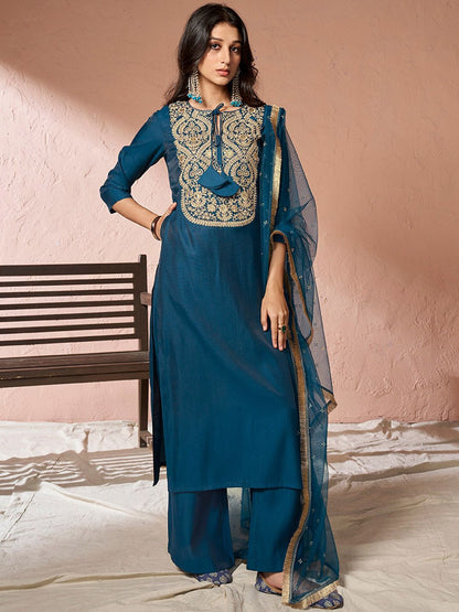 Dhiyona IN Floral Yoke Design Regular Pure Silk Kurta with Palazzos & Dupatta