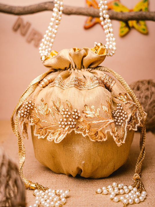 Dhiyona NR Gold-Toned & White Embellished Tasselled Potli Clutch