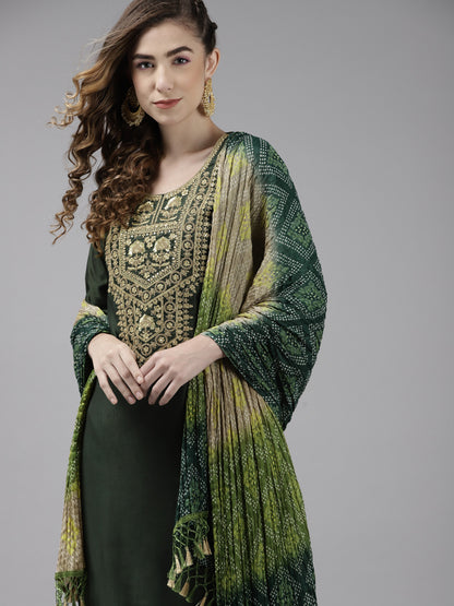 Women Green & Golden Ethnic Yoke Design Liva Kurta with Trousers & With Dupatta