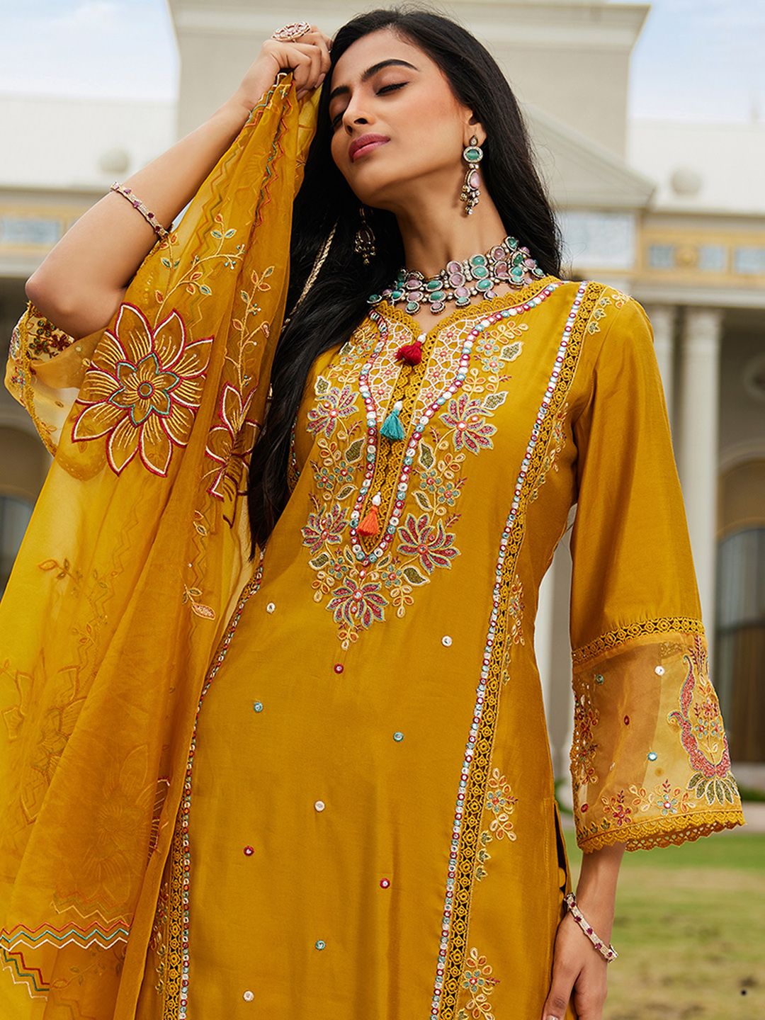 Women Ethnic Motifs Embroidered Regular Mirror Work Kurta with Trousers & With Dupatta