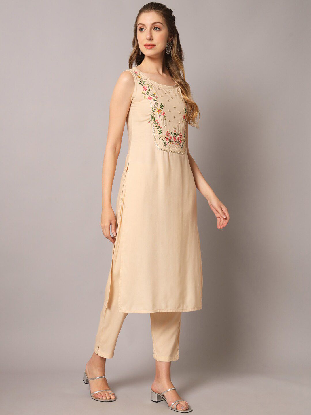 Dhiyona KL Floral Embroidered Mirror Work Kurta with Trousers & Dupatta