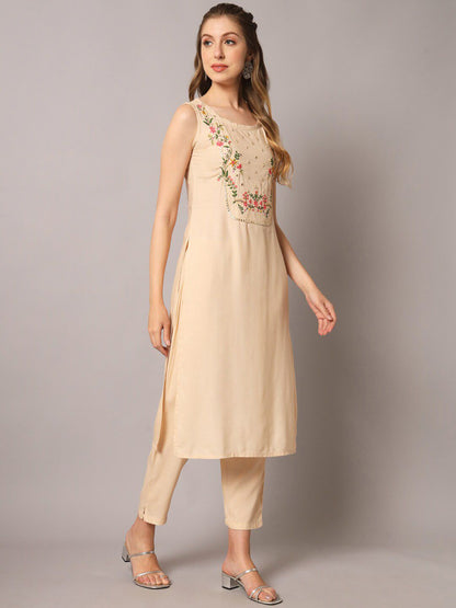 Dhiyona KL Floral Embroidered Mirror Work Kurta with Trousers & Dupatta