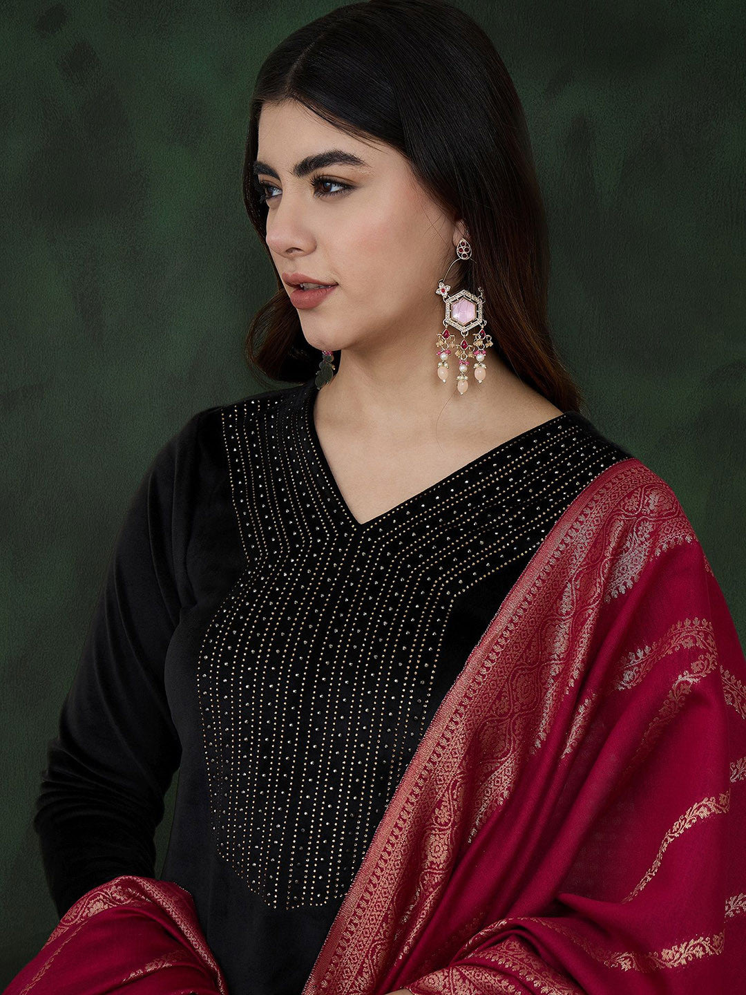 Self-Design Winter Velvet Kurta With Trousers & Dupatta