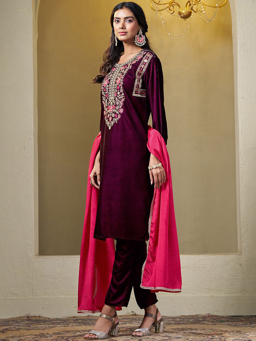Women Velvet Yoke Embroidery Straight Kurta Pant With Dupatta Set