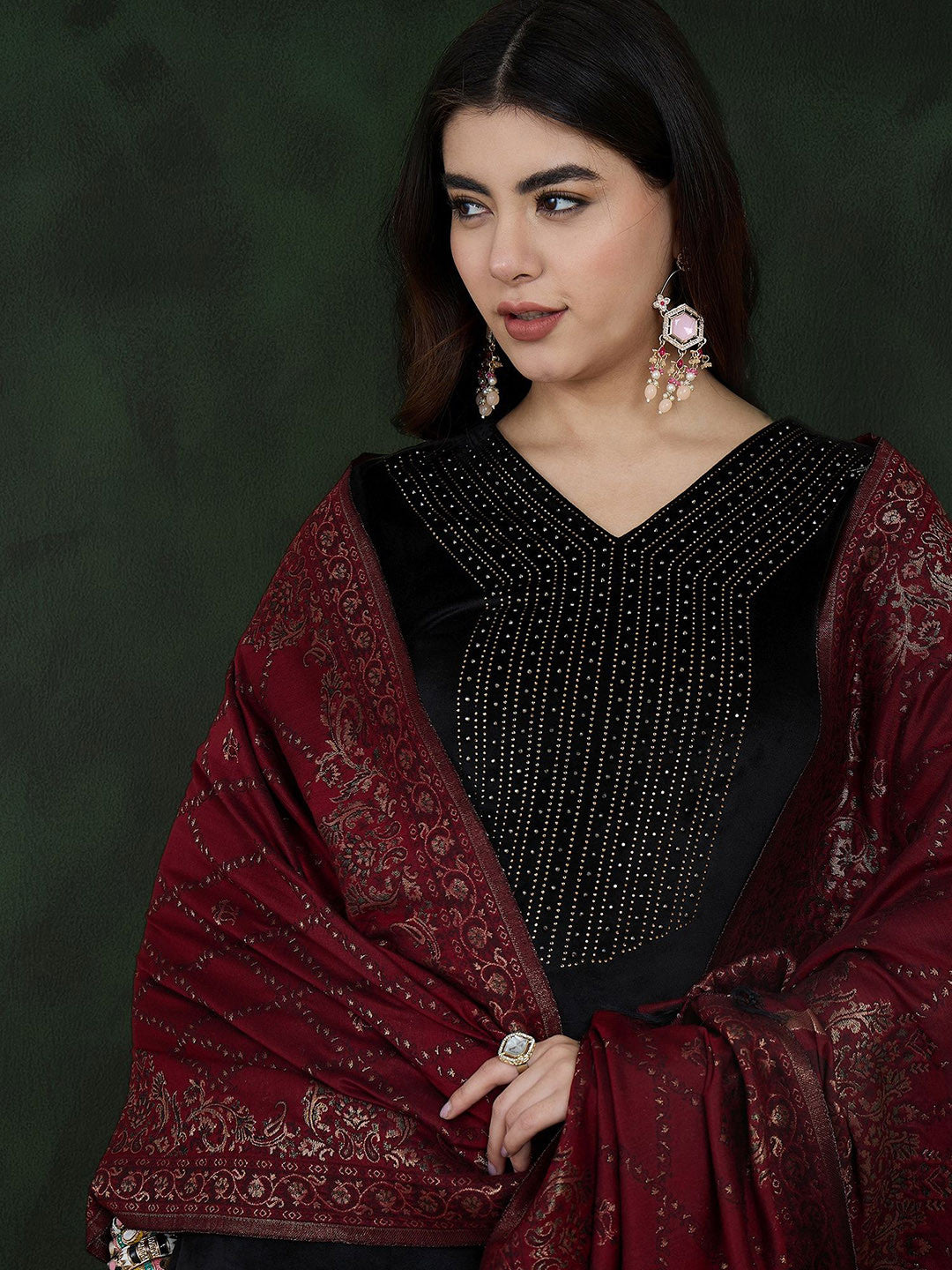 Black Geometric Yoke Design V-Neck Velvet Kurta With Trouser With Dupatta