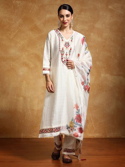 Off White Women Floral Printed Regular Thread Work Kurta with Trousers & With Dupatta
