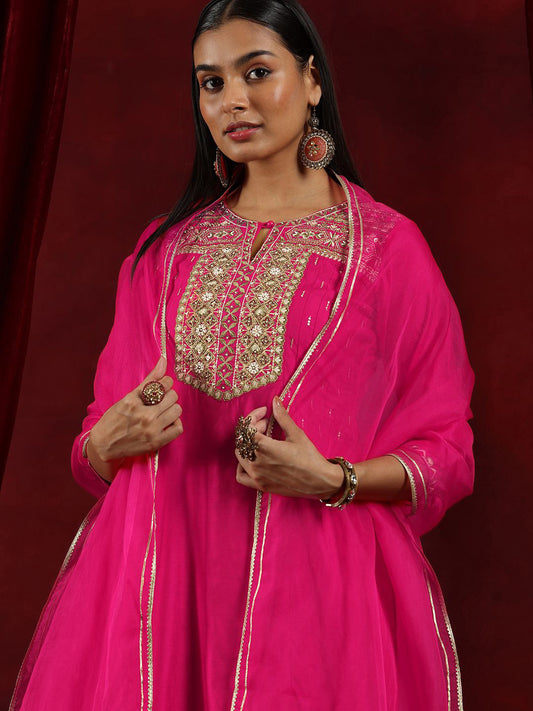 Floral Yoke Design Beads and Stones Chanderi Silk Kurta With Trousers & Dupatta