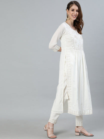Dhiyona IS Women's Women Off White Ethnic Motifs Embroidered Pleated Pure Cotton Kurta with Trousers