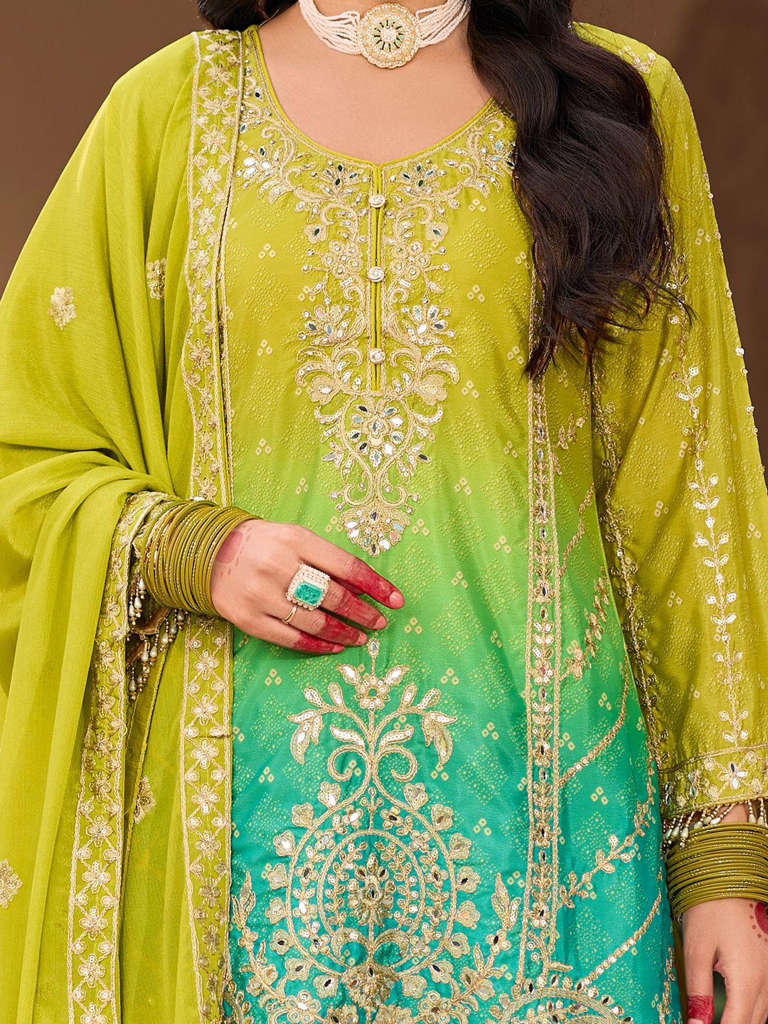 Floral Embroidered Zari Straight Kurti With Palazzos And Dupatta
