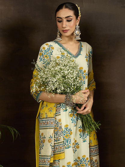 Women Floral Printed Cotton Kurta with Pyjama & Dupatta