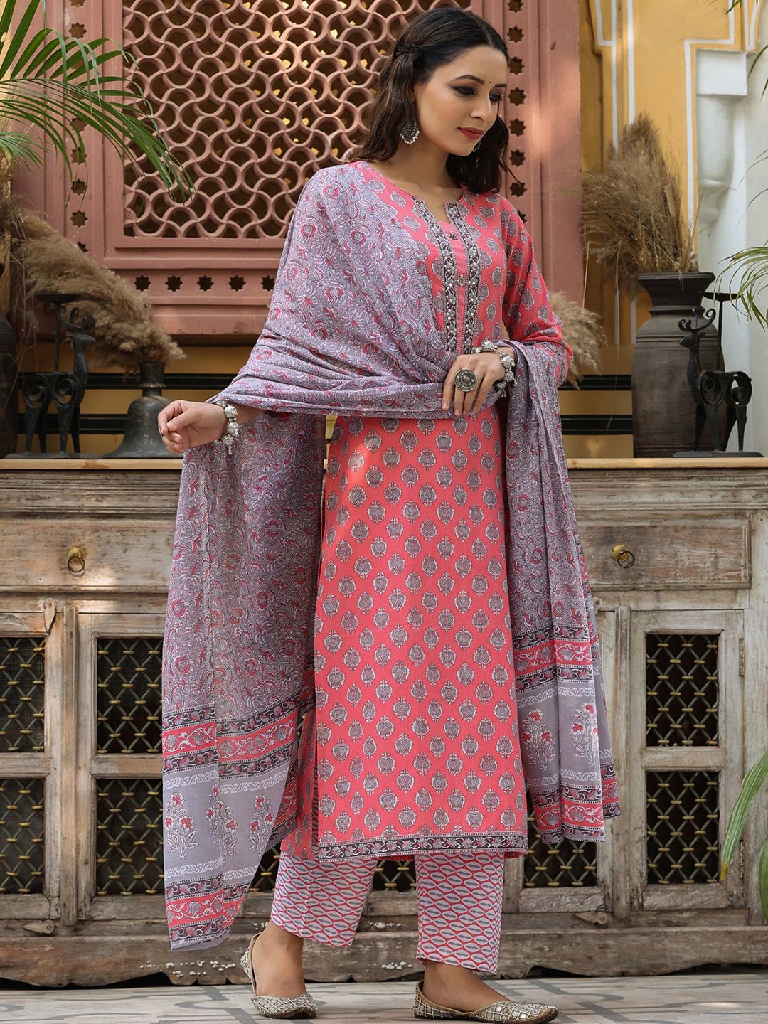 Dhiyona RR Women's Ethnic Printed Pure Cotton Kurta with Trousers & Dupatta