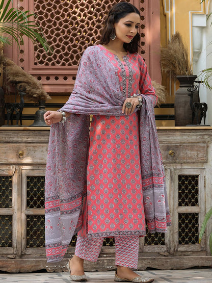 Dhiyona RR Women's Ethnic Printed Pure Cotton Kurta with Trousers & Dupatta
