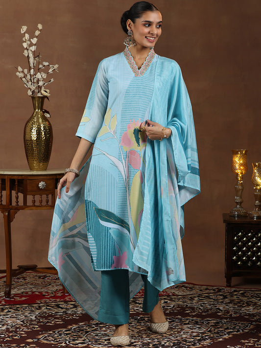Floral Printed Zari V-Neck Straight Kurta With Trouser & Dupatta